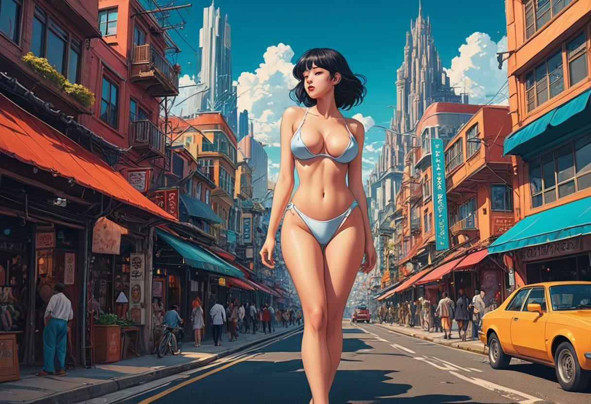 An intricate collage showcasing various NSFW anime characters in dynamic poses, blending fantasy and sensuality. Include vibrant, bold colors that evoke deep emotions, with a backdrop of a whimsical, dream-like cityscape. Emphasize the artistic elements of graphic art with beautifully detailed illustrations and stylized narratives. The atmosphere should feel intimate yet adventurous, reflecting a journey through diverse anime styles. super-realistic. vibrant colors. whimsical background.