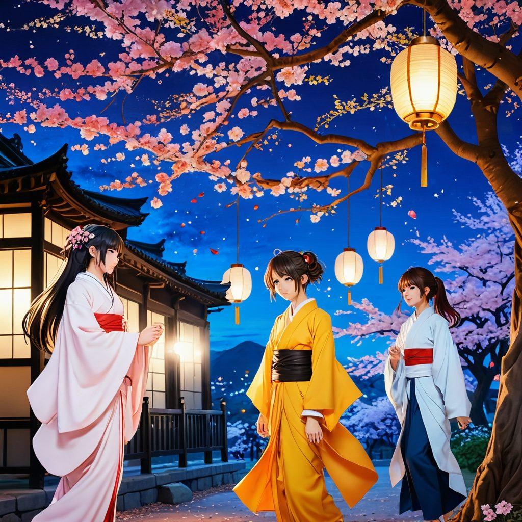 A captivating scene showcasing a diverse group of characters from anime and manga, engaged in playful and intimate interactions. The background features a colorful blend of traditional Japanese elements and modern digital aesthetics, with intricate details of erotic art style. Soft lighting enhances the allure, while hints of fantasy and sensuality are portrayed in the characters' expressions and poses. Include elements like cherry blossoms and an ethereal glow. vibrant colors. anime style. intricate details.